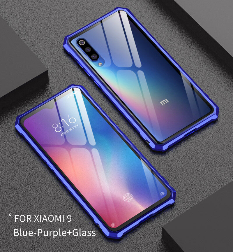 Etui z ramką metalową i szkłem hartowanym do Xiaomi Mi 9 - niebieskie