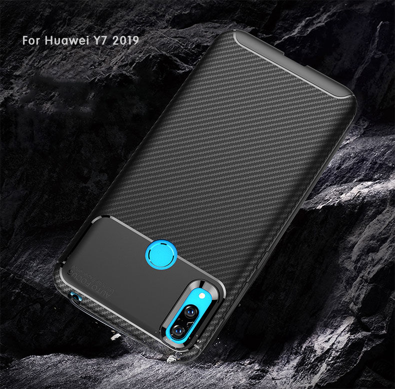 Etui plastikowe z teksturą karbonu do Huawei Y7 (2019) - ciemnoniebieskie