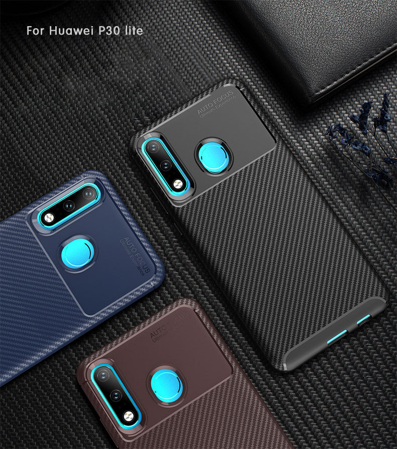 Etui plastikowe z teksturą karbonu do Huawei P30 Lite - ciemnoniebieskie