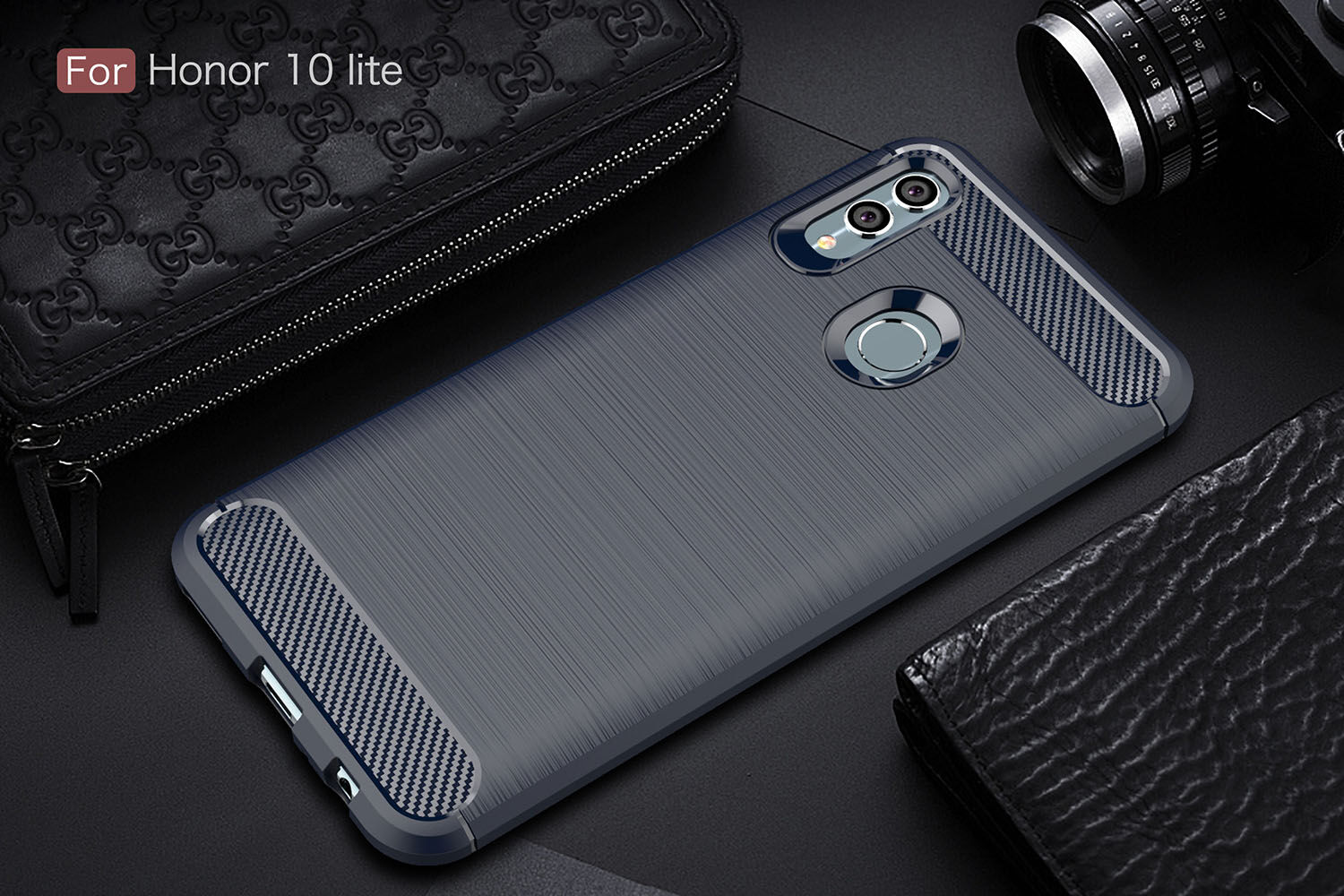 Etui z teksturą szlifowaną i karbonową do Huawei P Smart (2019) / Honor 10 Lite - ciemnoniebieskie